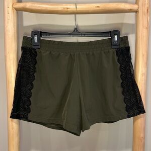 FABLETICS XS black laced trim Army Green athletic shorts back pocket velcro